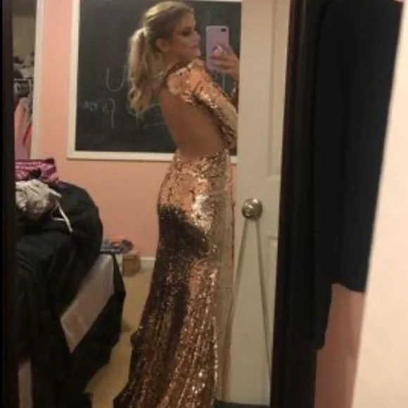 Rachel Allan Champagne Pink Open Back Prom Dress